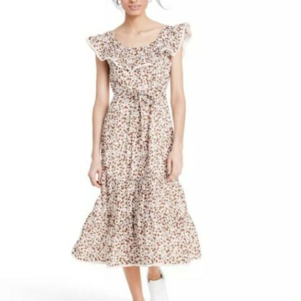 Rixo for Target Brown & White Ruffled Midi Dress